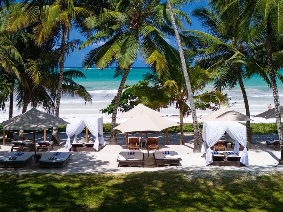 Shaded loungers and white cabanas under palm trees on the beach at Almanara